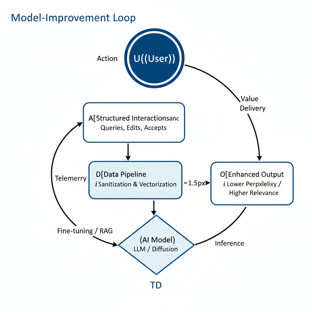 Model-improvement loop diagram showing how user actions create structured data that improves AI output through telemetry and fine-tuning
