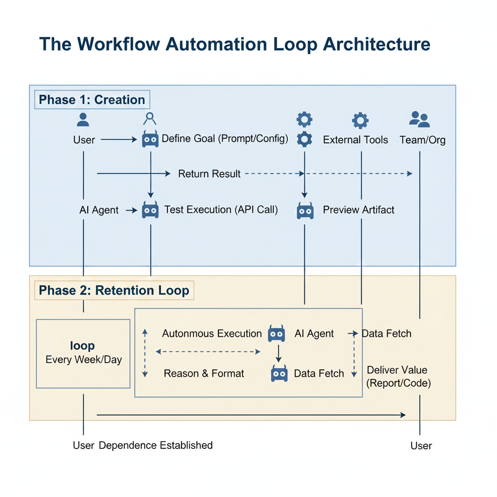 Workflow automation loop architecture showing two phases: creation workflow and retention loop with AI agents executing recurring tasks