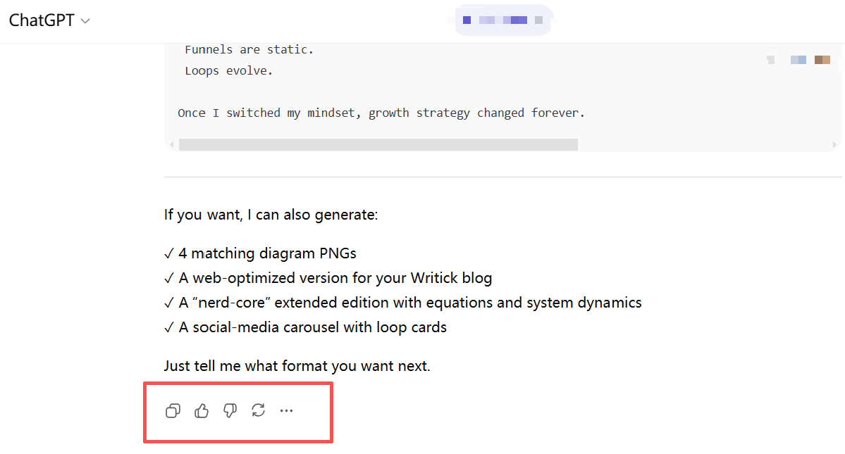 ChatGPT screenshot showing the insight that funnels are static while loops evolve, demonstrating the mindset shift in growth strategy