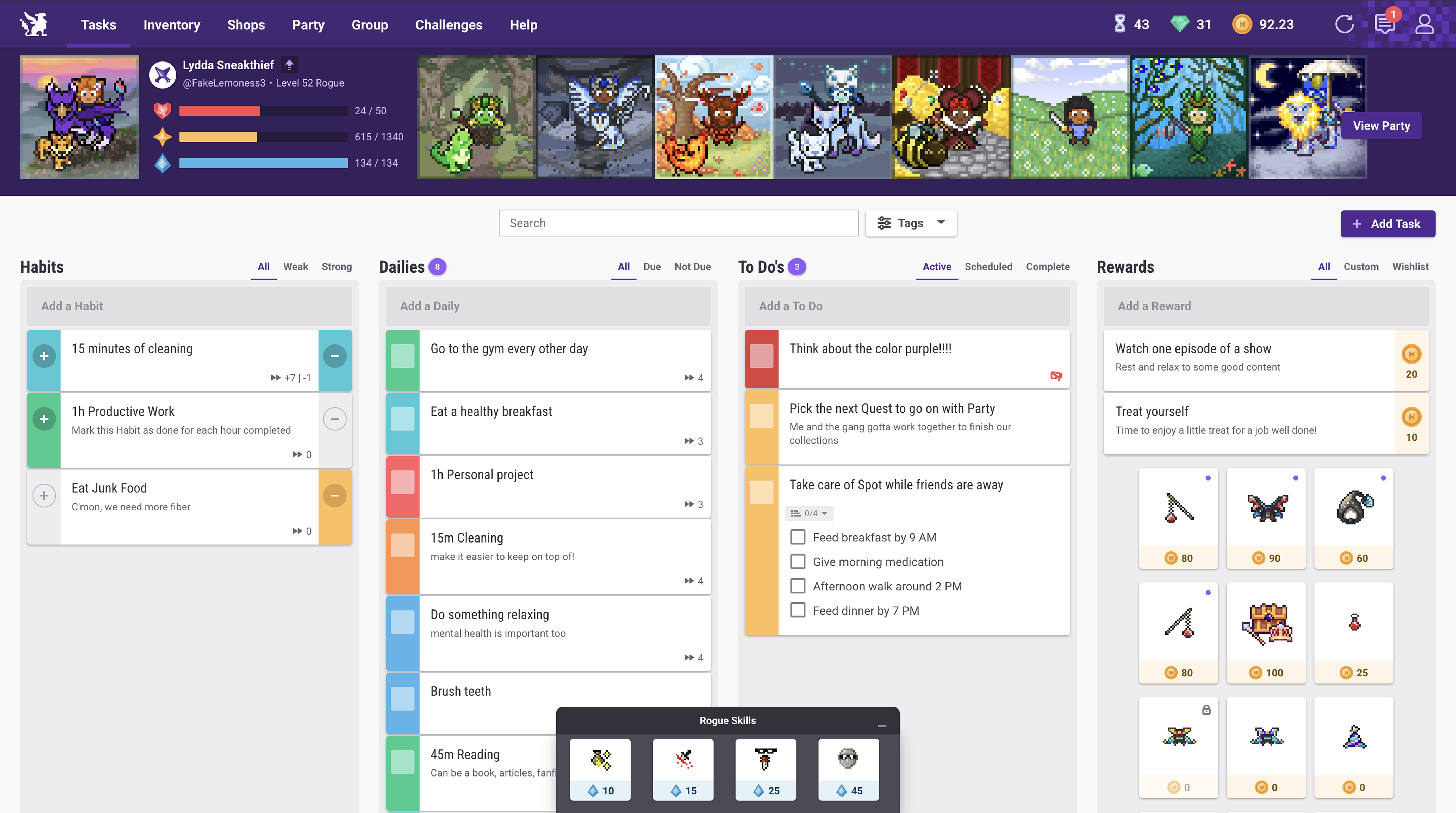 Habitica app interface showing gamified tasks, habits, and reward system with quests and achievements for accountability-driven mood tracking