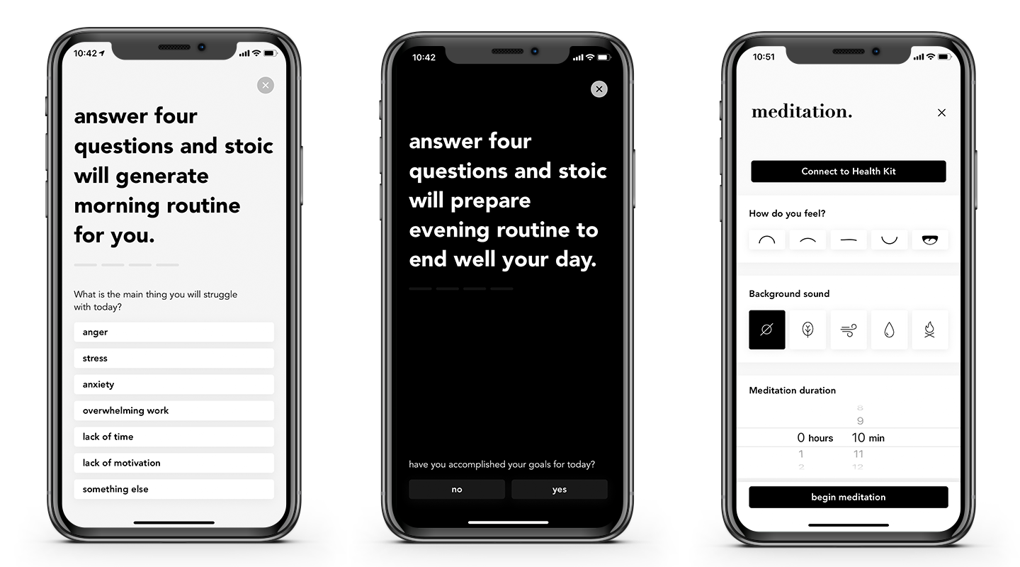 Stoic app interface showing mindfulness exercises, morning and evening routine builder, meditation duration settings, and calm interface design for reflective mood tracking without gamification