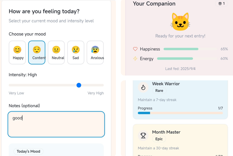 MoodyPaws app interface showing AI pet companion with mood selection interface, emotional tracking with happiness and energy indicators, and warm interactive design for stress reduction