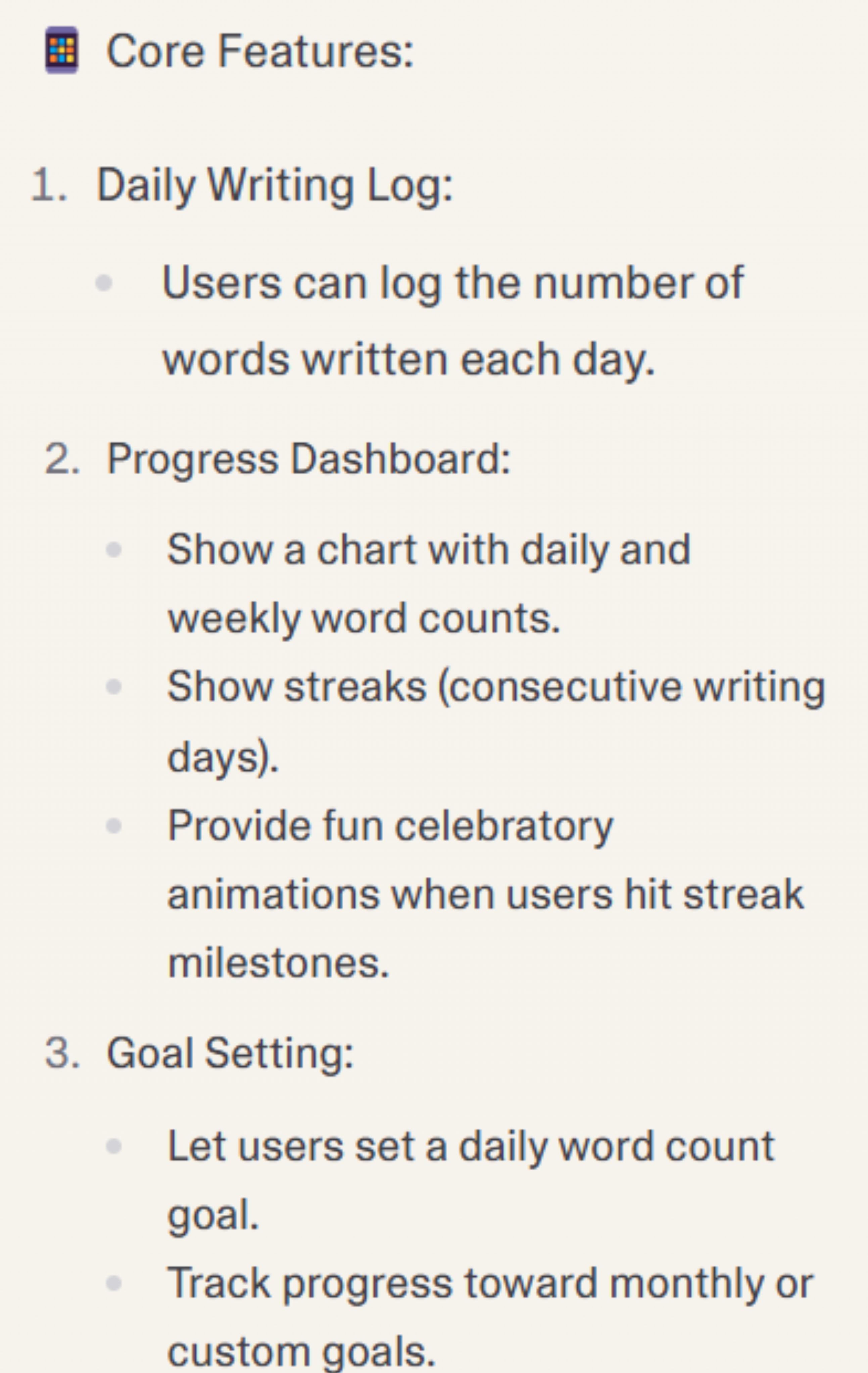 Core features list for Writick including Daily Writing Log, Progress Dashboard with charts and streaks, and Goal Setting