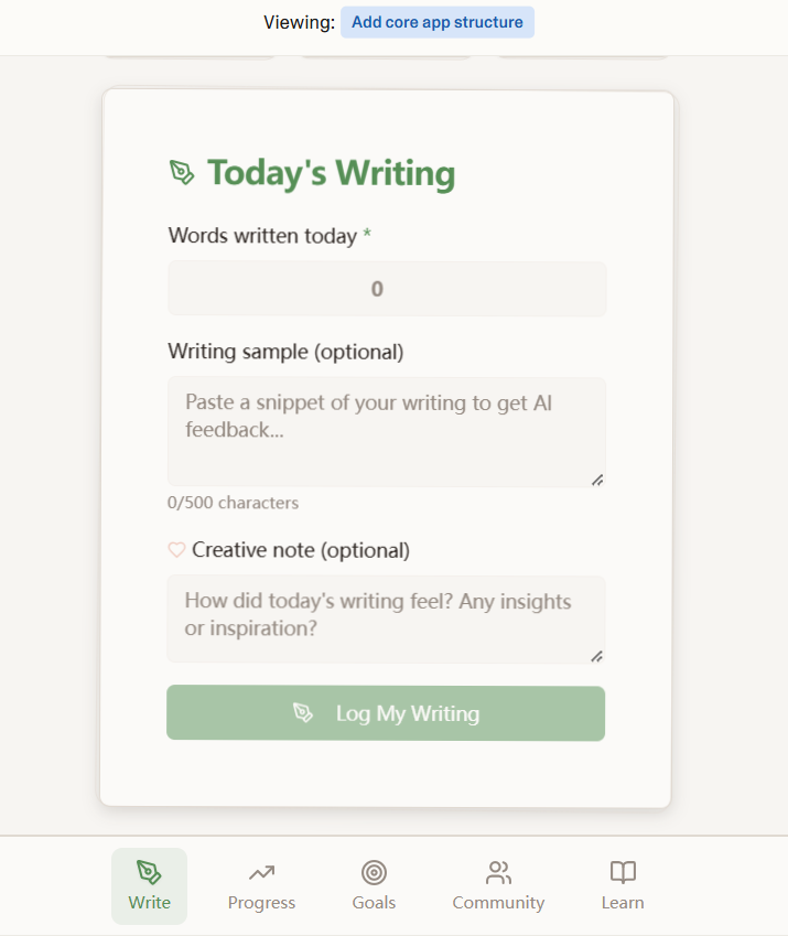Writick mobile interface showing Today's Writing log screen with word count input, writing sample field, creative note section, and navigation tabs