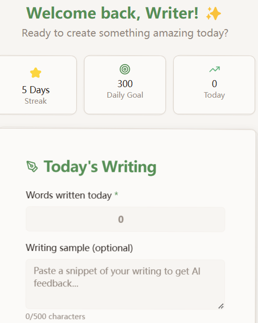 Writick welcome screen showing 5-day streak, daily goal of 300 words, and today's writing input interface