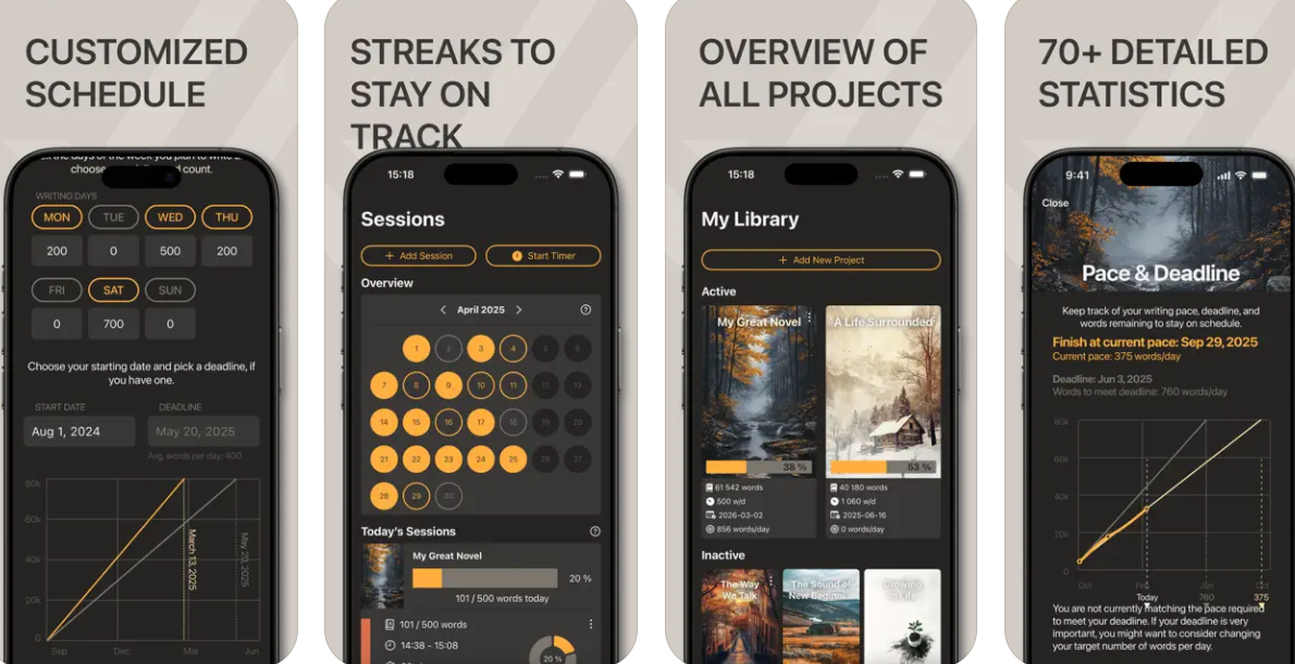 Word Keeper app interface showing customized schedule, streaks, project overview, and detailed statistics