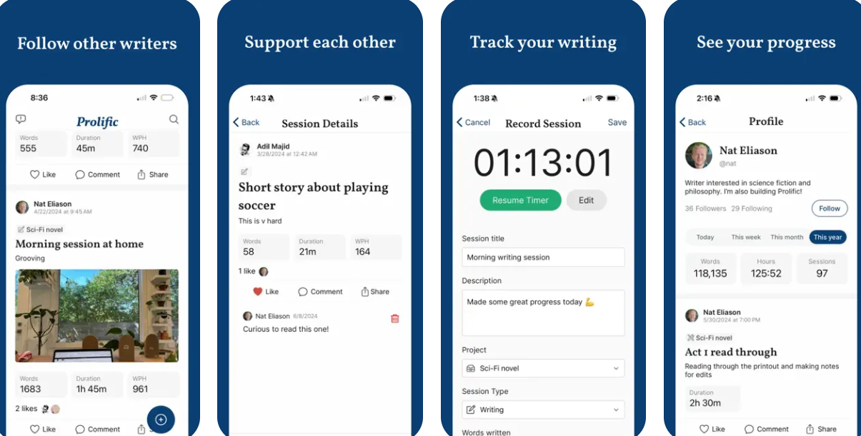 Prolific app interface showing social feed, session tracking, community support, and progress statistics