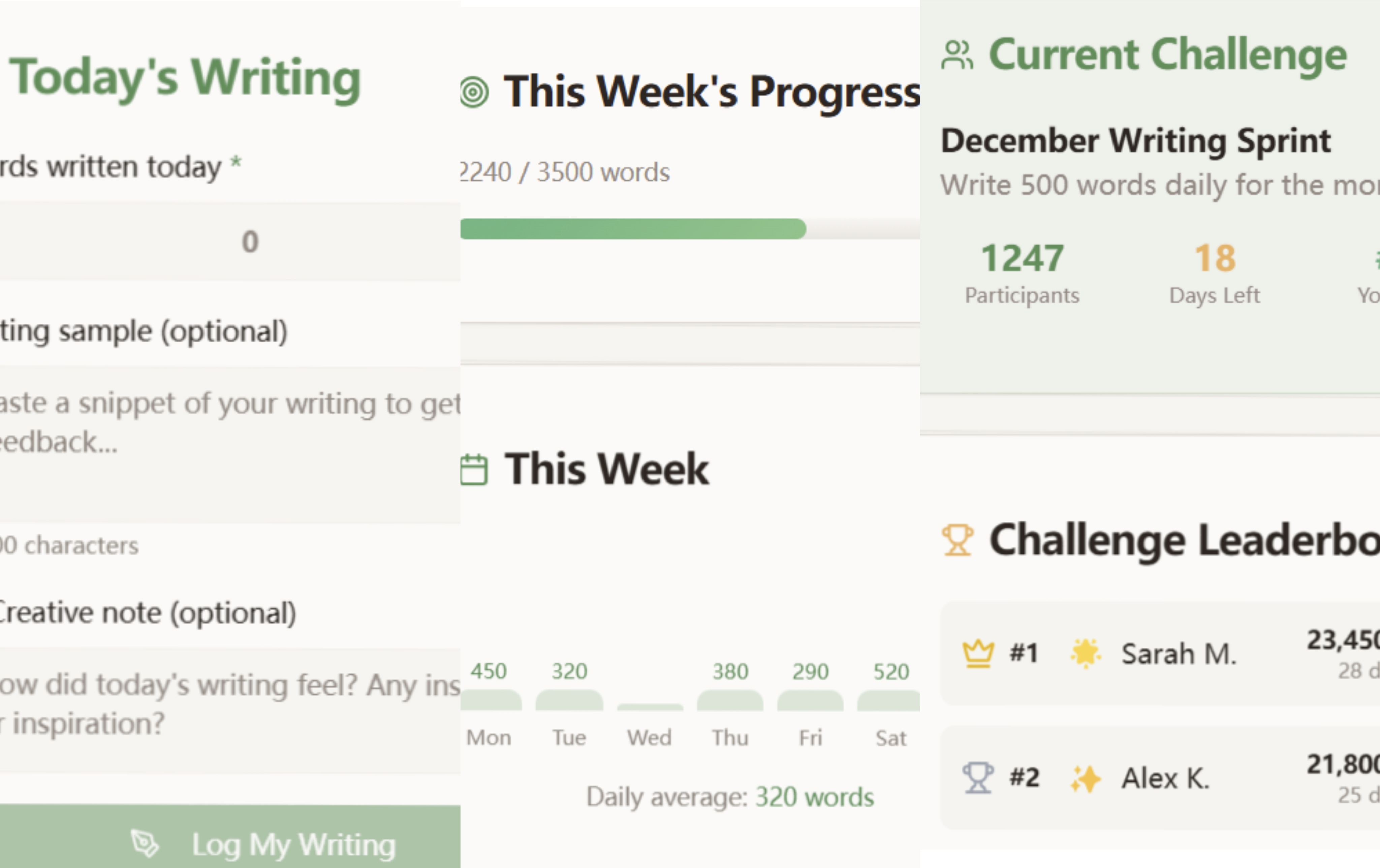 Writick app interface showing today's writing progress, weekly goals, current challenge, and leaderboard
